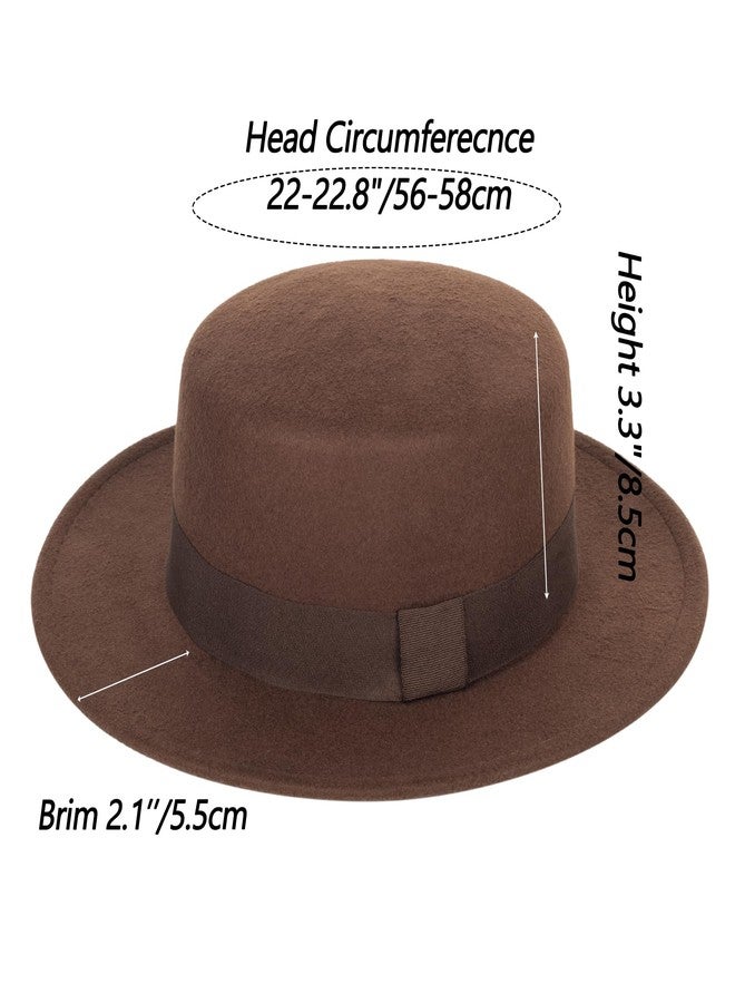 Mawjom Wide-Brim-Felt-Panama-Fedora-Hat with Flat-Top-Pork-Pie Cap for Women Men (Size:M) Coffee - Image 3